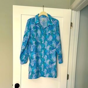 Lilly Pulitzer Blue Long Sleeve Shirt Dress with Notched Collar